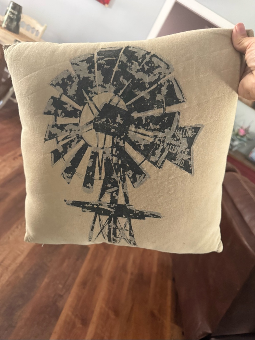 Neutral Beige Decorative Pillow with Black Windmill Print